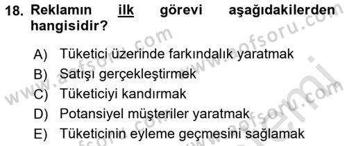 Reklamcılık Dersi 2022 - 2023 Yılı (Final) Dönem Sonu Sınav Soruları 18. Soru