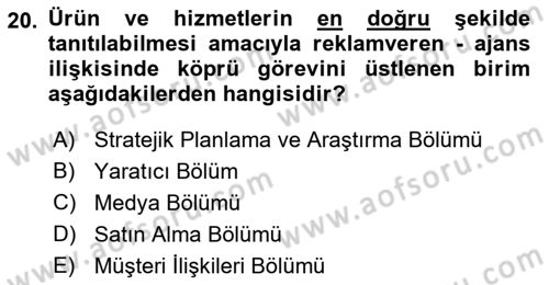 Reklamcılık Dersi 2022 - 2023 Yılı (Final) Dönem Sonu Sınav Soruları 20. Soru