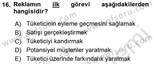 Reklamcılık Dersi 2022 - 2023 Yılı Yaz Okulu Sınav Soruları 16. Soru