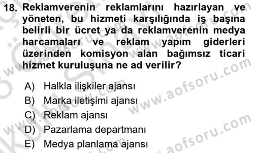 Reklamcılık Dersi 2022 - 2023 Yılı Yaz Okulu Sınav Soruları 18. Soru