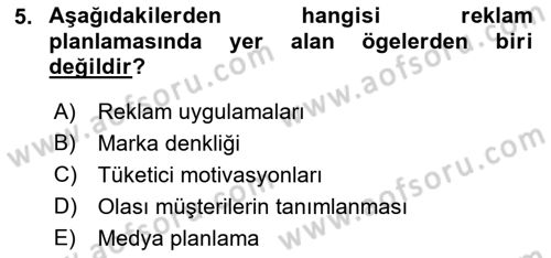 Reklamcılık Dersi 2022 - 2023 Yılı Yaz Okulu Sınav Soruları 5. Soru
