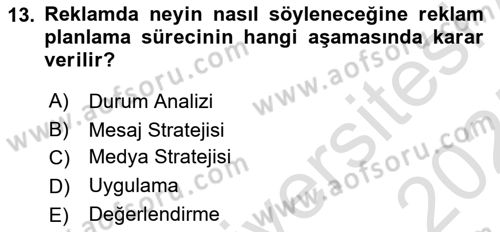 Reklamcılık Dersi 2024 - 2025 Yılı (Final) Dönem Sonu Sınav Soruları 13. Soru