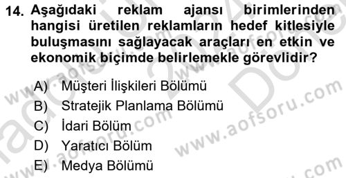 Reklamcılık Dersi 2024 - 2025 Yılı (Final) Dönem Sonu Sınav Soruları 14. Soru