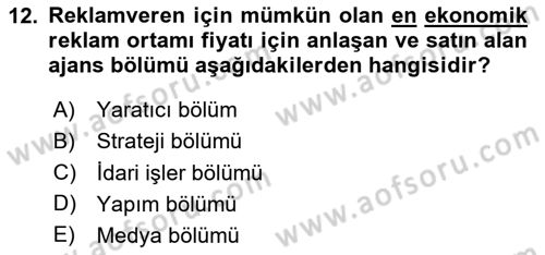 Reklamcılık Dersi 2024 - 2025 Yılı Yaz Okulu Sınav Soruları 12. Soru