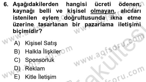 Reklamcılık Dersi 2025 - 2026 Yılı (Vize) Ara Sınav Soruları 6. Soru