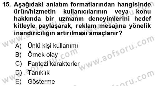 Reklamcılık Dersi 2025 - 2026 Yılı (Final) Dönem Sonu Sınav Soruları 15. Soru