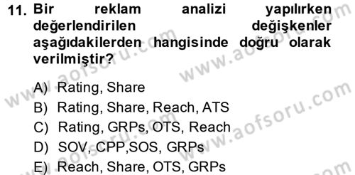 Medya Planlama Dersi Ara Sınavı Deneme Sınav Soruları 11. Soru