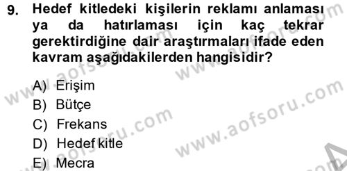 Medya Planlama Dersi 2014 - 2015 Yılı (Final) Dönem Sonu Sınav Soruları 9. Soru