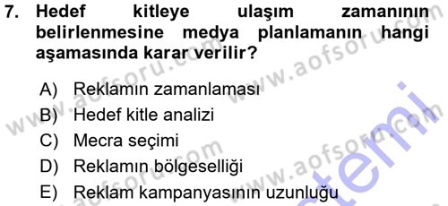 Medya Planlama Dersi 2015 - 2016 Yılı (Vize) Ara Sınavı 7. Soru