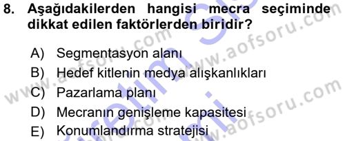 Medya Planlama Dersi Ara Sınavı Deneme Sınav Soruları 8. Soru