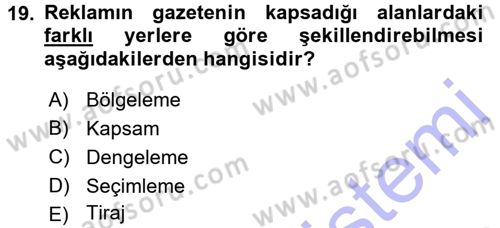 Medya Planlama Dersi 2015 - 2016 Yılı (Final) Dönem Sonu Sınav Soruları 19. Soru