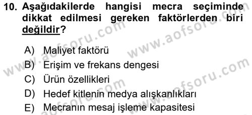 Medya Planlama Dersi Ara Sınavı Deneme Sınav Soruları 10. Soru