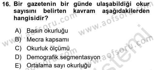 Medya Planlama Dersi Ara Sınavı Deneme Sınav Soruları 16. Soru