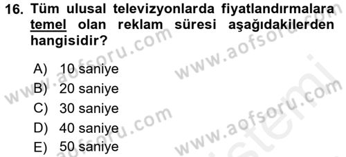 Medya Planlama Dersi 2016 - 2017 Yılı (Final) Dönem Sonu Sınav Soruları 16. Soru