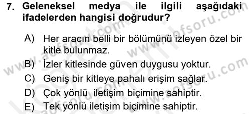 Medya Planlama Dersi 2016 - 2017 Yılı (Final) Dönem Sonu Sınav Soruları 7. Soru