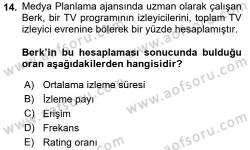 Medya Planlama Dersi Ara Sınavı Deneme Sınav Soruları 14. Soru