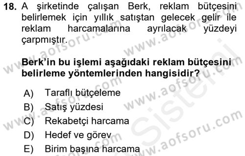 Medya Planlama Dersi 2017 - 2018 Yılı (Final) Dönem Sonu Sınav Soruları 18. Soru