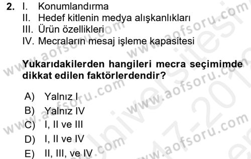 Medya Planlama Dersi 2017 - 2018 Yılı (Final) Dönem Sonu Sınav Soruları 2. Soru