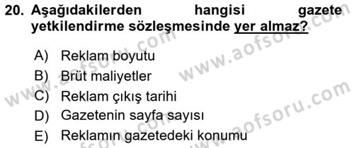 Medya Planlama Dersi 2018 - 2019 Yılı Yaz Okulu Sınav Soruları 20. Soru