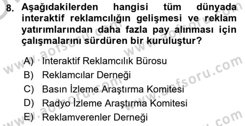Medya Planlama Dersi 2018 - 2019 Yılı Yaz Okulu Sınav Soruları 8. Soru