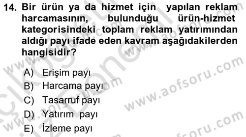 Medya Planlama Dersi 2019 - 2020 Yılı (Vize) Ara Sınavı 14. Soru