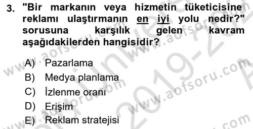 Medya Planlama Dersi 2019 - 2020 Yılı (Vize) Ara Sınav Soruları 3. Soru
