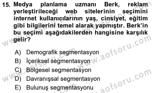 Medya Planlama Dersi 2020 - 2021 Yılı Yaz Okulu Sınavı 15. Soru