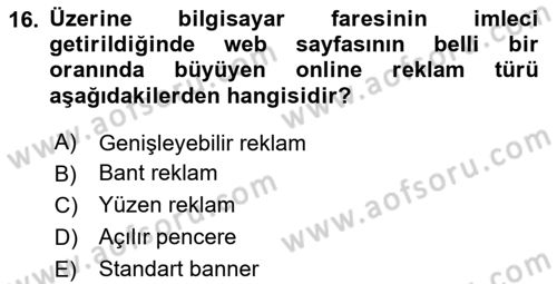 Medya Planlama Dersi 2020 - 2021 Yılı Yaz Okulu Sınav Soruları 16. Soru