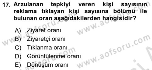 Medya Planlama Dersi 2020 - 2021 Yılı Yaz Okulu Sınav Soruları 17. Soru