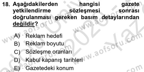 Medya Planlama Dersi 2020 - 2021 Yılı Yaz Okulu Sınav Soruları 18. Soru