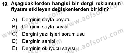 Medya Planlama Dersi 2020 - 2021 Yılı Yaz Okulu Sınav Soruları 19. Soru