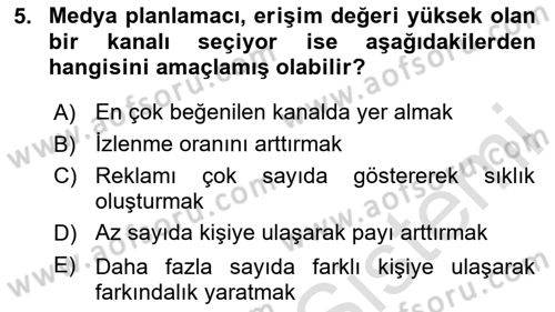 Medya Planlama Dersi 2020 - 2021 Yılı Yaz Okulu Sınav Soruları 5. Soru