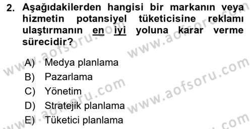 Medya Planlama Dersi 2021 - 2022 Yılı (Vize) Ara Sınavı 2. Soru