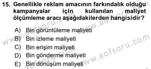 Medya Planlama Dersi 2021 - 2022 Yılı (Final) Dönem Sonu Sınav Soruları 15. Soru