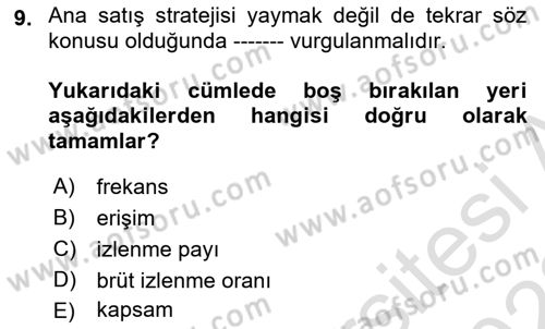 Medya Planlama Dersi 2021 - 2022 Yılı (Final) Dönem Sonu Sınav Soruları 9. Soru