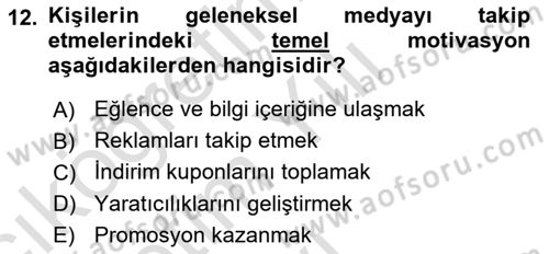 Medya Planlama Dersi 2021 - 2022 Yılı Yaz Okulu Sınav Soruları 12. Soru
