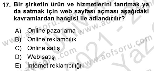 Medya Planlama Dersi 2021 - 2022 Yılı Yaz Okulu Sınav Soruları 17. Soru