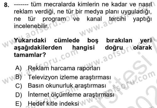 Medya Planlama Dersi 2021 - 2022 Yılı Yaz Okulu Sınav Soruları 8. Soru