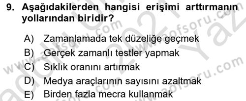 Medya Planlama Dersi 2021 - 2022 Yılı Yaz Okulu Sınav Soruları 9. Soru