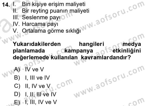 Medya Planlama Dersi 2022 - 2023 Yılı (Vize) Ara Sınav Soruları 14. Soru