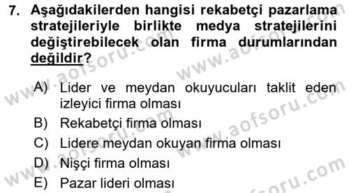Medya Planlama Dersi Ara Sınavı Deneme Sınav Soruları 7. Soru