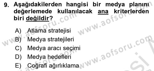 Medya Planlama Dersi Ara Sınavı Deneme Sınav Soruları 9. Soru