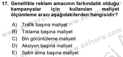 Medya Planlama Dersi 2022 - 2023 Yılı Yaz Okulu Sınav Soruları 17. Soru