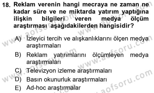 Medya Planlama Dersi Ara Sınavı Deneme Sınav Soruları 18. Soru