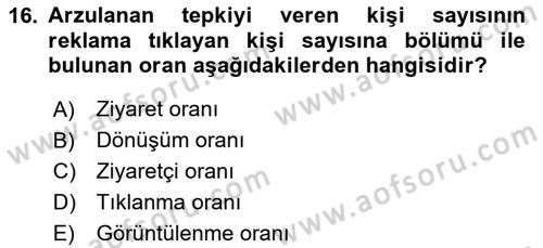 Medya Planlama Dersi 2023 - 2024 Yılı Yaz Okulu Sınavı 16. Soru