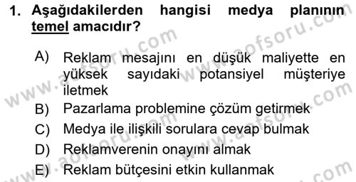 Medya Planlama Dersi 2024 - 2025 Yılı (Final) Dönem Sonu Sınav Soruları 1. Soru