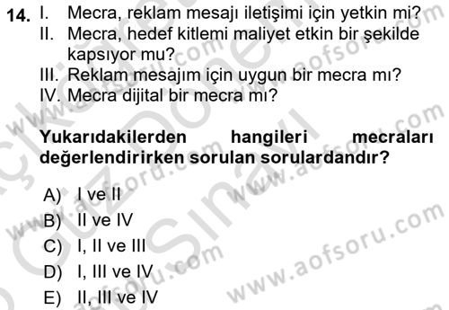 Medya Planlama Dersi 2024 - 2025 Yılı (Final) Dönem Sonu Sınav Soruları 14. Soru