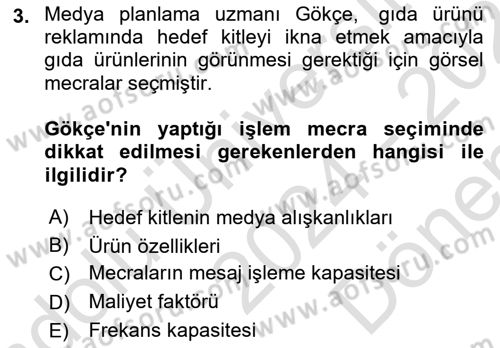 Medya Planlama Dersi 2024 - 2025 Yılı (Final) Dönem Sonu Sınav Soruları 3. Soru