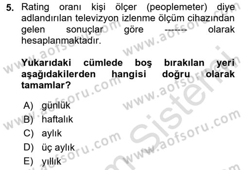 Medya Planlama Dersi 2024 - 2025 Yılı (Final) Dönem Sonu Sınav Soruları 5. Soru