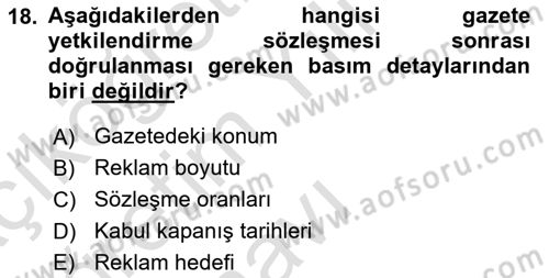 Medya Planlama Dersi 2024 - 2025 Yılı Yaz Okulu Sınav Soruları 18. Soru